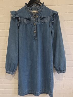 Ruffled Yoke Denim Long-Sleeve Dress - Blue